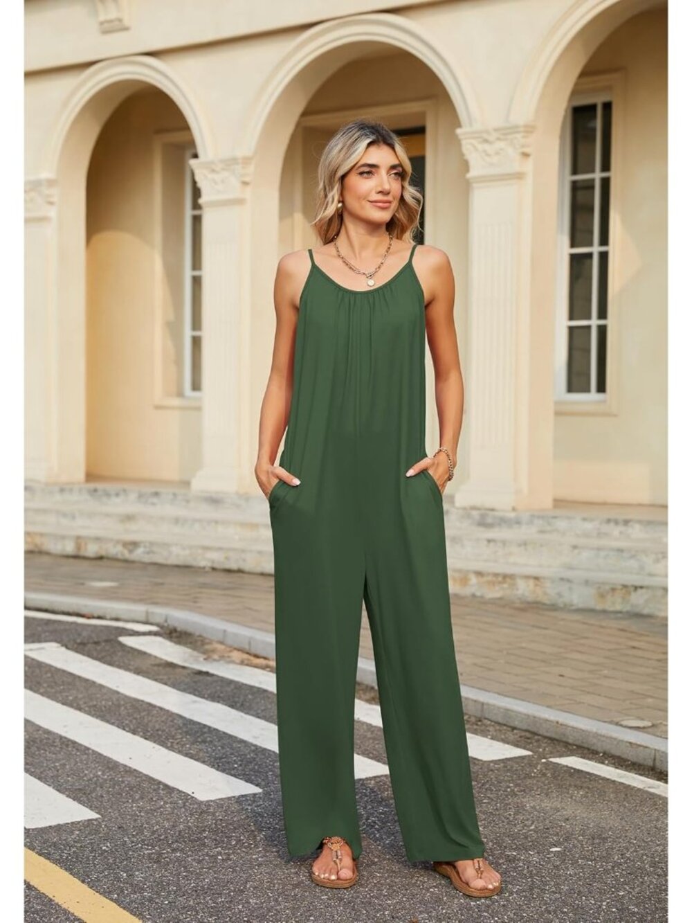 Women Army Green Casual Sleeveless Imported Spaghetti Strap Boho Wide Leg Romper - Picture 4 of 7